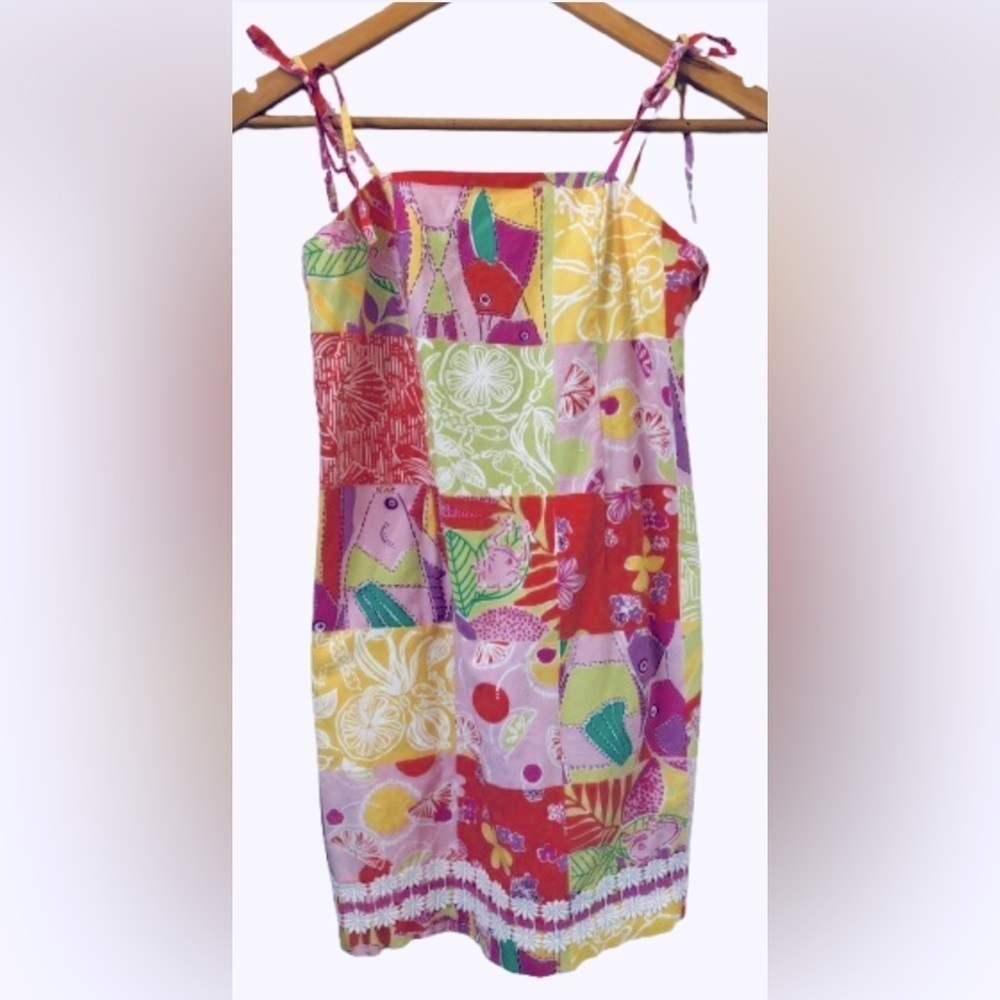 Lilly Pulitzer GIRLS mlti ptchwrk prnt spag strp lined drss w smocked bk SZ 12